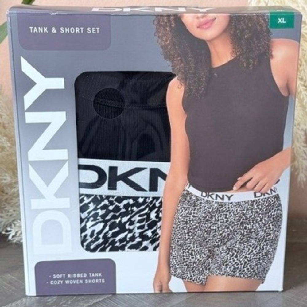 DKNY Womens XL Tank & Shorts Pajama Lounge Set Black Animal Print NIB